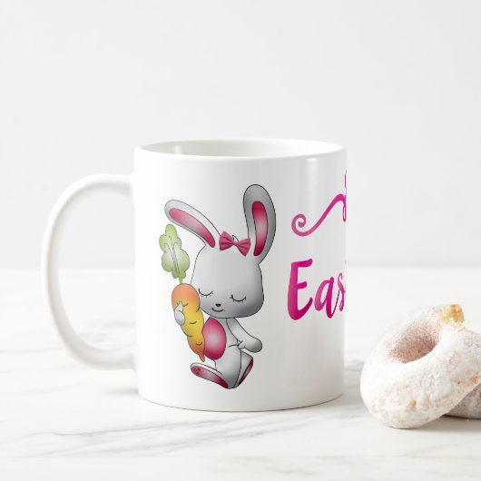 Happy Easter White Bunny Pink Script op maat gemaa Koffiemok (Met donut)
