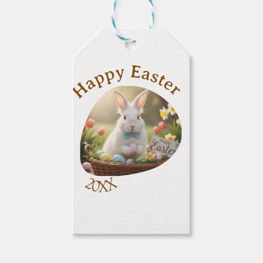 Happy Easter white bunny year photo family name  Cadeaulabel (Voorkant)