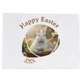 Happy Easter white bunny year photo family name  Groot Cadeauzakje (Achterkant)