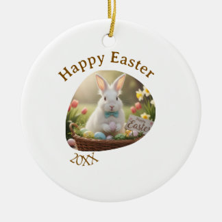 Happy Easter white bunny year photo family name  Keramisch Ornament