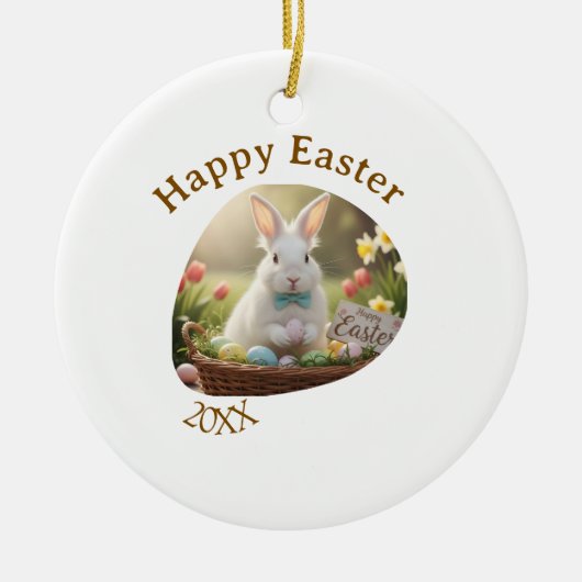 Happy Easter white bunny year photo family name  Keramisch Ornament (Voorkant)