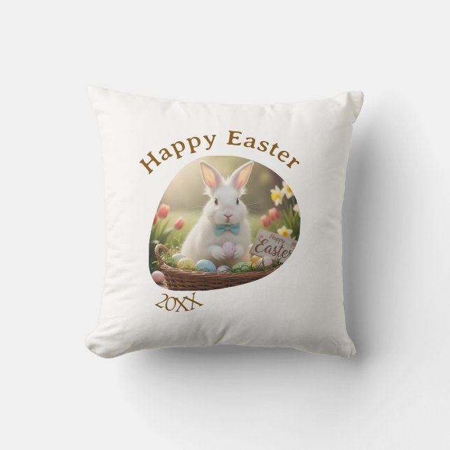 Happy Easter white bunny year photo family name  Kussen (Voorkant)