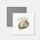 Happy Easter white bunny year photo family name  Magneet (Voorkant / Achterkant)
