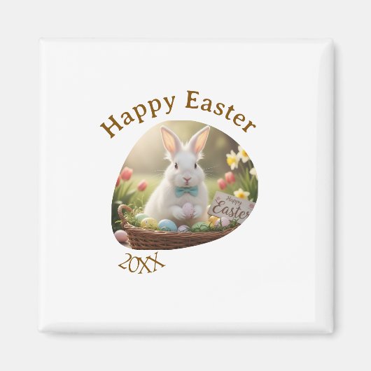 Happy Easter white bunny year photo family name  Magneet (Voorkant)
