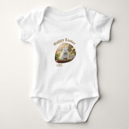 Happy Easter white bunny year photo family name  Romper