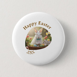 Happy Easter white bunny year photo family name  Ronde Button 5,7 Cm