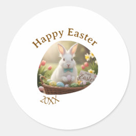 Happy Easter white bunny year photo family name  Ronde Sticker