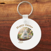 Happy Easter white bunny year photo family name  Sleutelhanger (Voorkant)