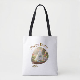 Happy Easter white bunny year photo family name  Tote Bag