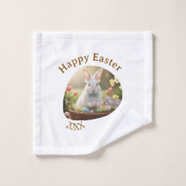 Happy Easter white bunny year photo family name  Washandje