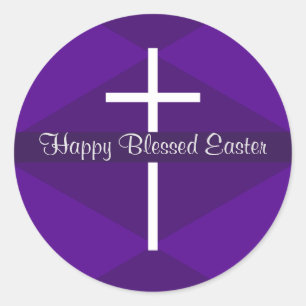 Happy Easter White Cross Paarse Christelijk Ronde Sticker