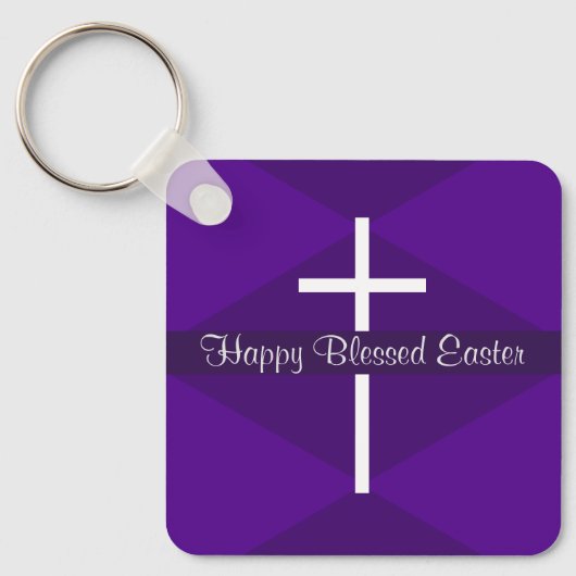 Happy Easter White Cross Paarse Christelijk Sleutelhanger (Voorkant)