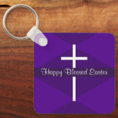 Happy Easter White Cross Paarse Christelijk Sleutelhanger (Voorkant)