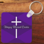 Happy Easter White Cross Paarse Christelijk Sleutelhanger (Achterkant)