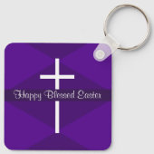 Happy Easter White Cross Paarse Christelijk Sleutelhanger (Achterkant)