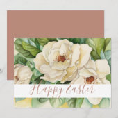 Happy Easter White Magnolia Roos Gold Text Floral Feestdagenkaart (Voorkant / Achterkant)