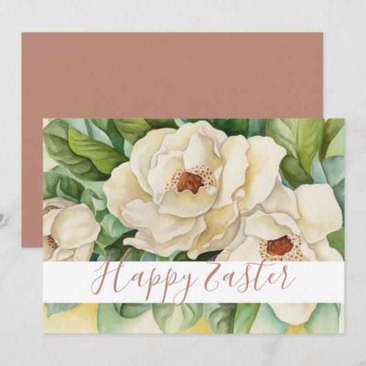 Happy Easter White Magnolia Roos Gold Text Floral Feestdagenkaart (Voorkant / Achterkant)