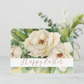 Happy Easter White Magnolia Roos Gold Text Floral Feestdagenkaart (Staand voorkant)