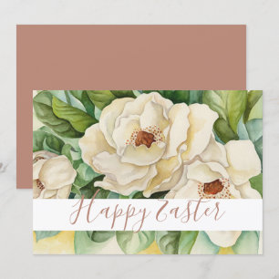 Happy Easter White Magnolia Roos Gold Text Floral Feestdagenkaart