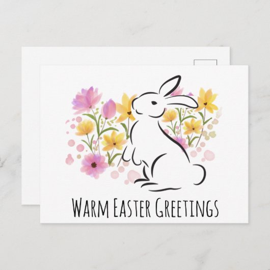 Happy Easter White Rabbit Flowers Briefkaart (Voorkant / Achterkant)