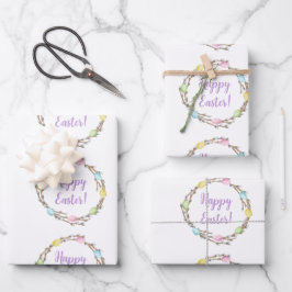 Happy Easter Willow Wreath With Pastel Eggs Inpakpapier Vel