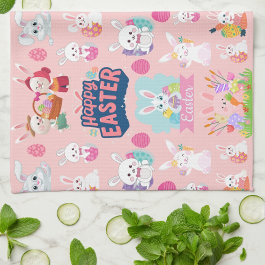 Happy Easter Wishes - Pattern Funny Bunny Easter Theedoek (Gevouwen)
