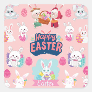 Happy Easter Wishes - Pattern Funny Bunny Easter Vierkante Sticker