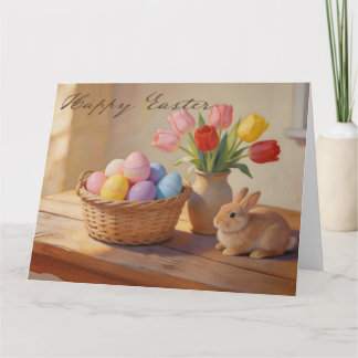 Happy Easter with Colorful Eggs and Tulips Bedankkaart