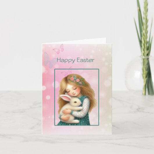 Happy Easter with Cute Girl and Bunny Card Feestdagen Kaart (Voorkant)