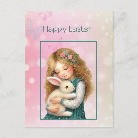 Happy Easter with Cute Girl and Bunny Card Feestdagenkaart (Voorkant)