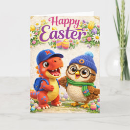 Happy Easter with Rex and cute dinosaur and owl sp Kaart