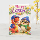 Happy Easter with Rex and cute dinosaur and owl sp Kaart (Gele Bloem)