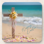 Happy Easter Wooden Cross and Lilies on Beach Bier Onderzetter (Voorkant)