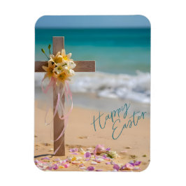 Happy Easter Wooden Cross and Lilies on Beach Magneet