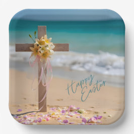 Happy Easter Wooden Cross and Lilies on Beach Papieren Bordje