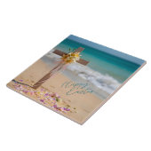 Happy Easter Wooden Cross and Lilies on Beach Tegeltje (Zijkant)