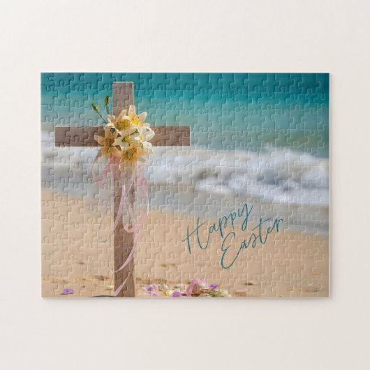 Happy Easter Wooden Cross with Lilies on Beach Legpuzzel (Horizontaal)