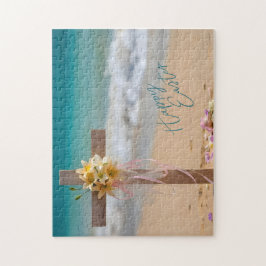 Happy Easter Wooden Cross with Lilies on Beach Legpuzzel