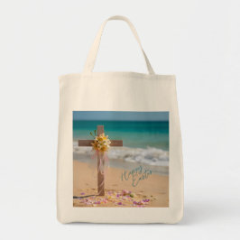 Happy Easter Wooden Cross with Lilies on Beach Tote Bag