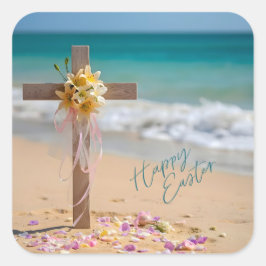 Happy Easter Wooden Cross with Lilies on Beach Vierkante Sticker