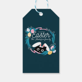 Happy Easter Wreath, Black Cat met bunny ears Cadeaulabel