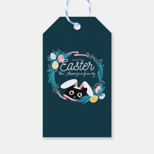 Happy Easter Wreath, Black Cat met bunny ears Cadeaulabel (Voorkant)