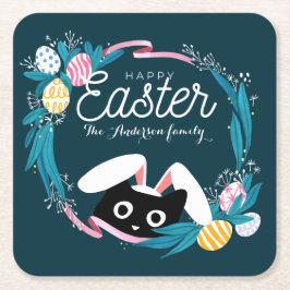 Happy Easter Wreath, Black Cat met bunny ears Kartonnen Onderzetters