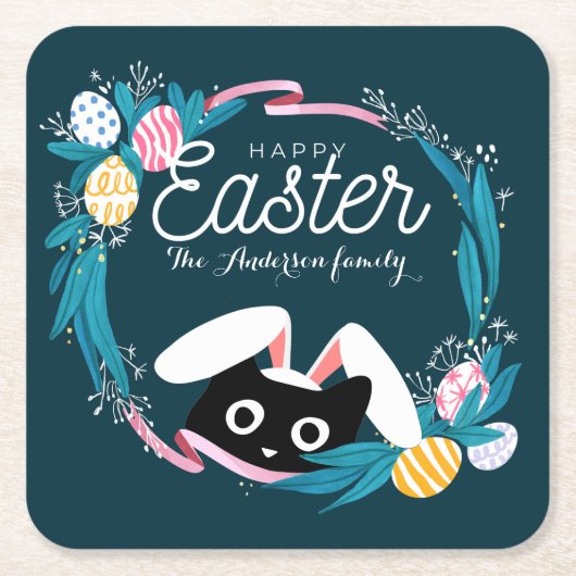 Happy Easter Wreath, Black Cat met bunny ears Kartonnen Onderzetters (Voorkant)
