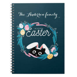 Happy Easter Wreath, Black Cat met bunny ears Notitieboek
