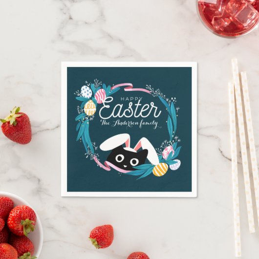 Happy Easter Wreath, Black Cat met bunny ears Servet (Insitu)