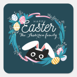 Happy Easter Wreath, Black Cat met bunny ears Vierkante Sticker