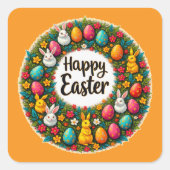 Happy Easter Wreath – Bunny & Eggs Autocolante Vierkante Sticker (Voorkant)