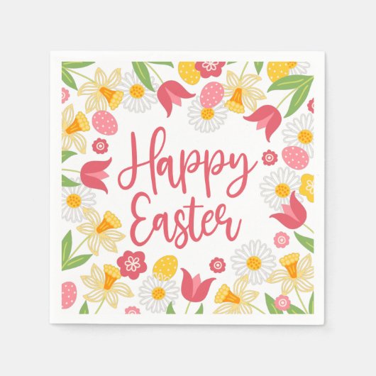 Happy Easter | Yellow and Red Floral  Servet (Voorkant)