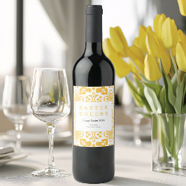 Happy Easter Yellow Bloempatroon Elegant Modern Wijn Etiket